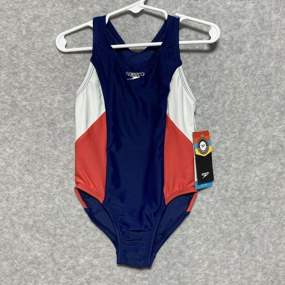 Speedo Swim Speedo Girls Xs 56 One Piece Swimsuit Navy Blue Red